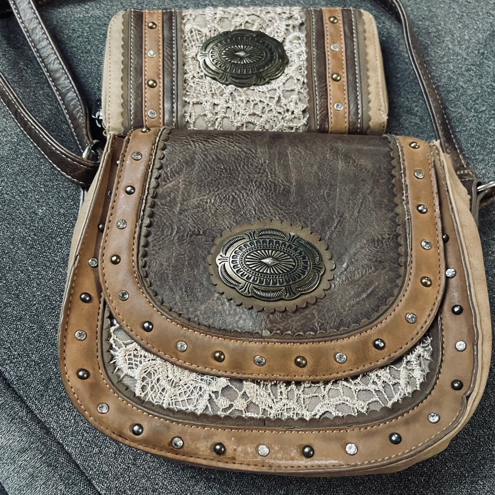 Justin Crossbody Bag & Wallet Set Womens Small Brown Lace Rhinestone Western